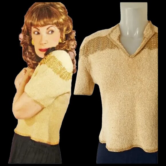 Vintage Cropped Sweater with Metallic Gold, Short Sleeves, 40s Top VFG - Picture 3 of 13